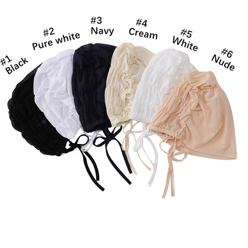New solid color mesh breathable elastic elastic lace bottom hat with rope hijab adjustable inner cap