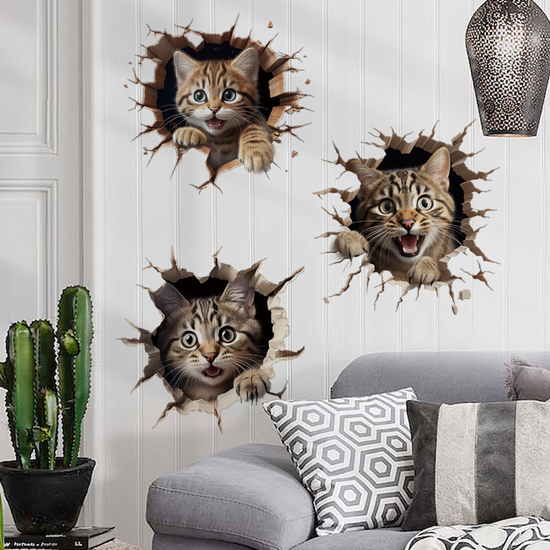 Broken Wall pet cat bedroom wall stickers self-adhesive bathroom decoration 3D effect cross-border hot selling decorative stickers Broken Wall pet cat bedroom wall stickers self-adhesive bathroom decoration 3D effect cross-border hot selling decorative stickers