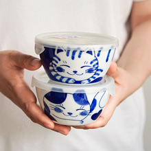 日本进口 带盖保鲜碗 可爱猫咪陶瓷碗日式冰箱收纳可微波带盖碗