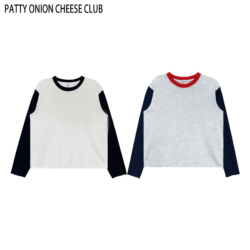 Color-blocked, contrasting stitching, boxy, short and wide, long-sleeved, regular shoulder, small neckline, distressed, distressed look top Color-blocked, contrasting stitching, boxy, short and wide, long-sleeved, regular shoulder, small neckline, distressed, distressed look top