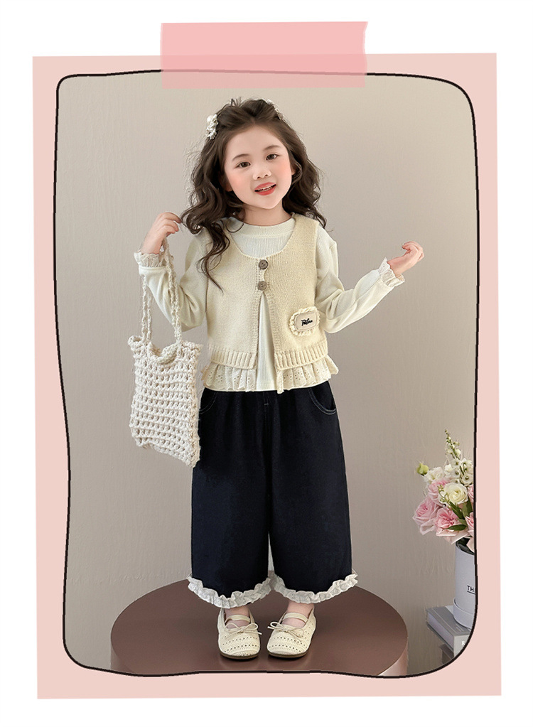 Dreiteiliges Strickwesten-Set für Mädchen, Herbst 2025, neue koreanische Kindermode, Strickweste und weite Hose_voghion.com