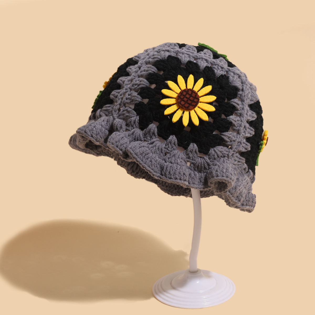 Cappello da pescatore con girasole tessuto a mano, autunno e inverno, carino cappello infantile con bordo a fungo, in lana all'uncinetto_voghion.com