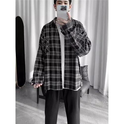 2025 Spring and Autumn Literary Retro Long-Sleeve Shirt for Men, Trendy Loose Hong Kong Style, Cool and Casual Check Shirt Jacket