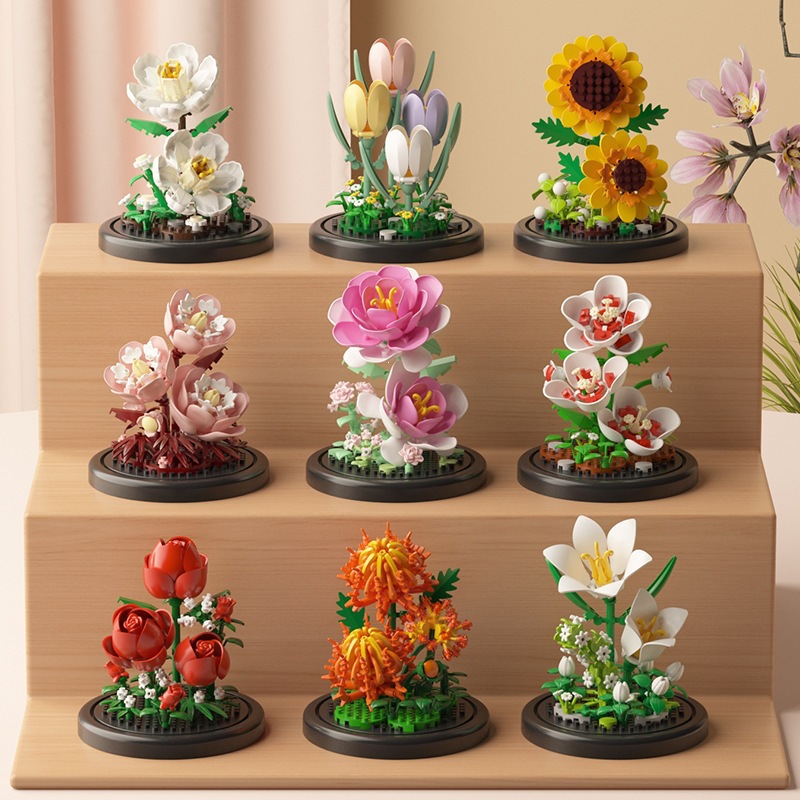Celebritad en línea transfronteriza flores inmortales bloques de flores claves girasol flores en maceta juguetes de ensamblaje para niños joyas para mujeres