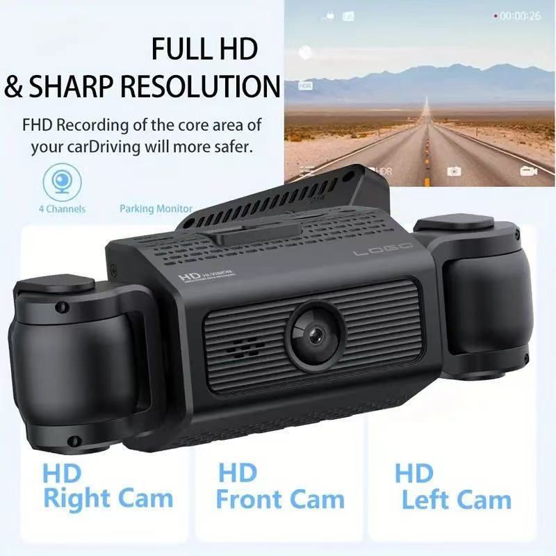 Four-lens dashcam with front and rear dual recording + four-way HD night vision for left and right blind spots, and app connectivity for reverse image display