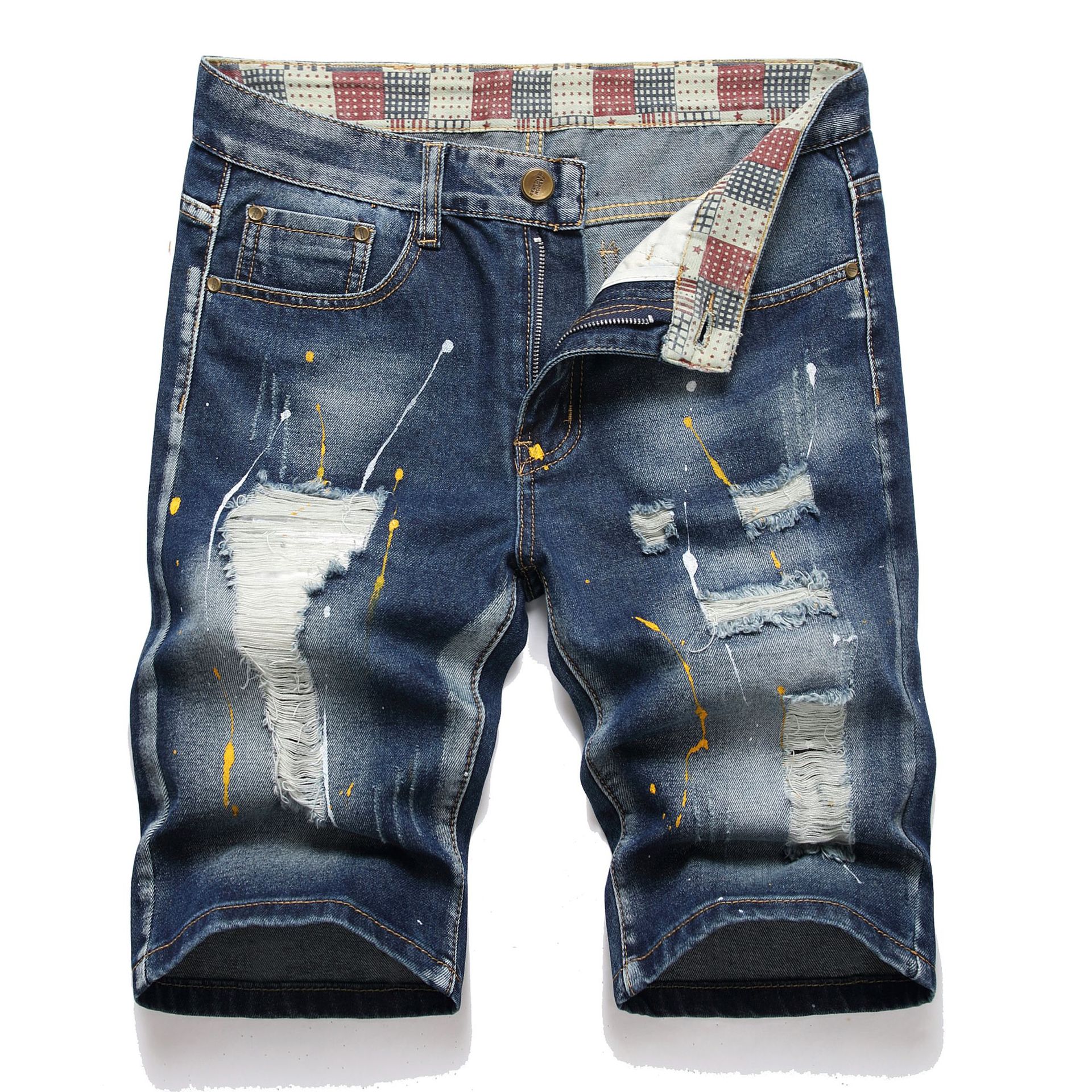 Men's Knee Rip Distressed Denim Shorts With Irregular Bleach Spots, Vintage Blue Washed Casual Summer Shorts For Jeans Lovers_viptrois.com