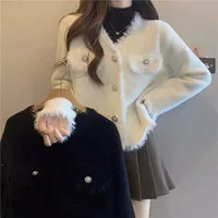 Модный кардиган из искусственной норки, универсальная куртка, новый свободный вязаный свитер в стиле Шанель во французском стиле, белый топ для женщин