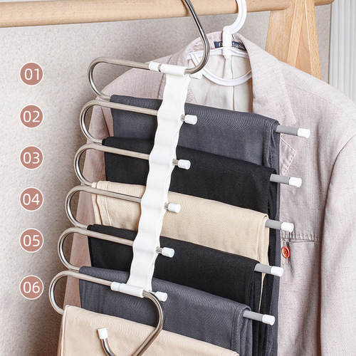 Cross-border best-selling household wardrobe traceless multifunctional storage magic multi-layer folding stainless steel pull-out pants rack