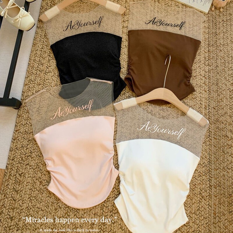 Trendy letter-print wide-strap mesh tube top for women, youthful and slim-fitting with built-in chest pads, anti-exposure and seamless