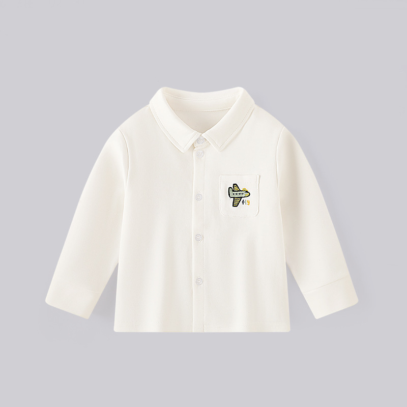 Spring Boys' Undershirt Cotton Collared New Korean Style Pocket Embroidered White Shirt Children's School Uniform T-shirt