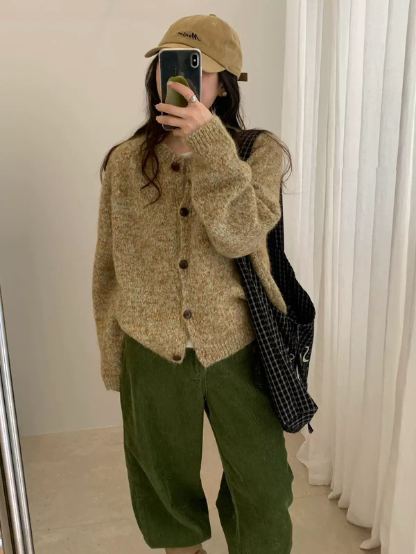 彩纱韩系百搭少女风圆领针织开衫外套秋冬新款时尚减龄毛衣上衣女|undefined