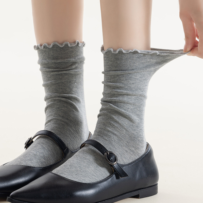 Grey Stretch Socks Gentle Auricularia Lace Breathable Mid-tube Socks Cotton Autumn and Winter Simple Good Socks Women