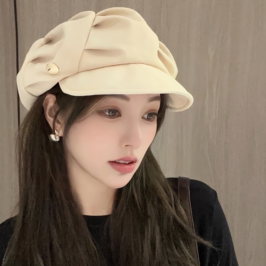 Pleated Cloud For Women 2024 Korean Style Octagonal Hat Large Head Circumference Face Slimming Fashionable Unique Beret_voghion.com