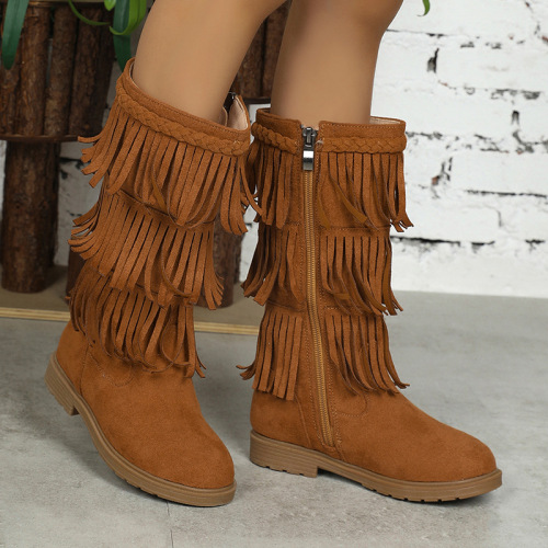 Korean Style Fringe Over-the-Knee Boot with Faux Fur Round Toe and Invisible Platform, Not Over the Knee Slip-On Women's Boots