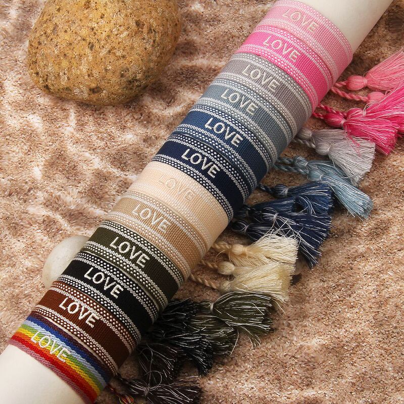 Cross-Border Embroidered Letter Tassel Adjustable Couple Bracelet D Brand Same Style Embroidered Friendship Rainbow Love Ribbon Bracelet