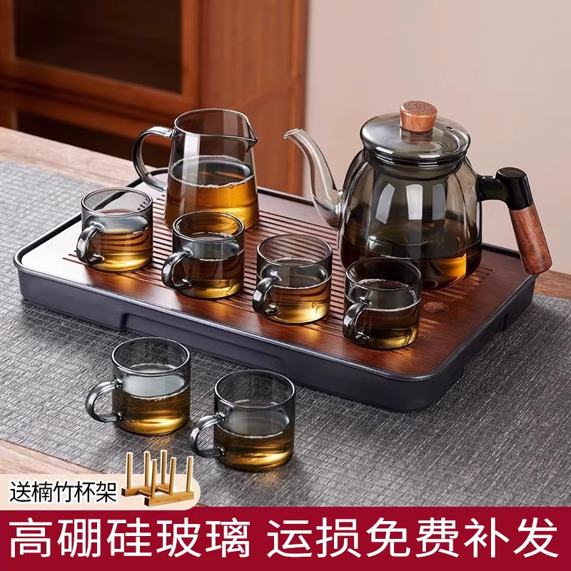 Large-capacity glass tea kettle, high-temperature resistant, suitable for brewing flower tea, tea set with tea-water separation, household water boiling kettle and tea cup set