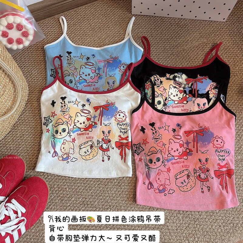 6989 # Dopamine Cute Cartoon Graffiti Camisole Summer Hot Girl Slim Fit Short Age-Reducing Top with Breast Pad