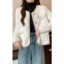 现货时尚百搭仿水貂毛外套韩版宽松毛呢短款小香风外套女A7042