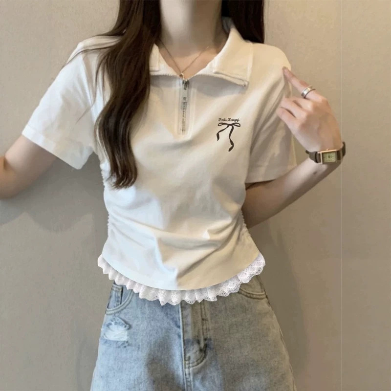 Unique and Stunningly Beautiful Polo Collar Top for Women, 2026 New Summer Miu Series, Particularly Beautiful Waist-Cinching Short-Sleeve T-Shirt
