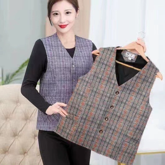 2025 осенний двухслойный тканевый жилет для мам среднего и пожилого возраста, клетчатый жилет для пожилых людей, кардиган, универсальный повседневный стиль