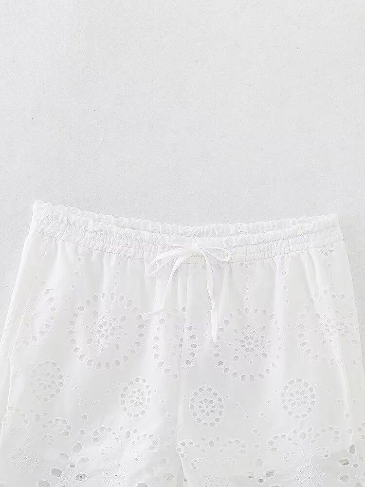 ZARW Self-made Casual Loose Hollow Embroidered Solid Color Top Shorts Set, European And American Style Summer New_ecoleips.com