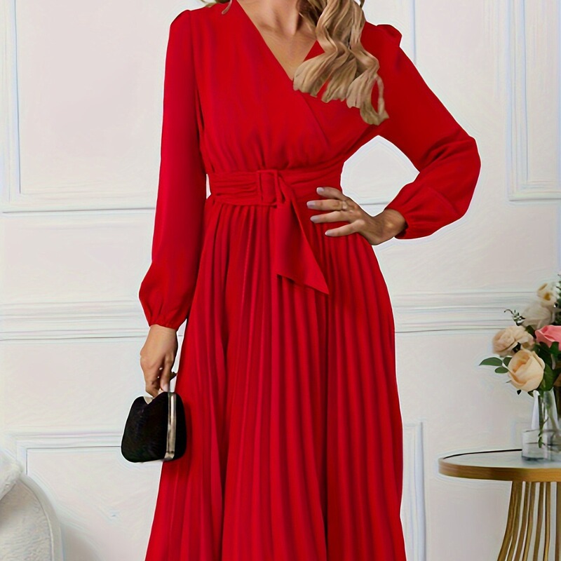 Large size cross-border European and American fashionable elegant red V-neck lace-up pleated midi dress