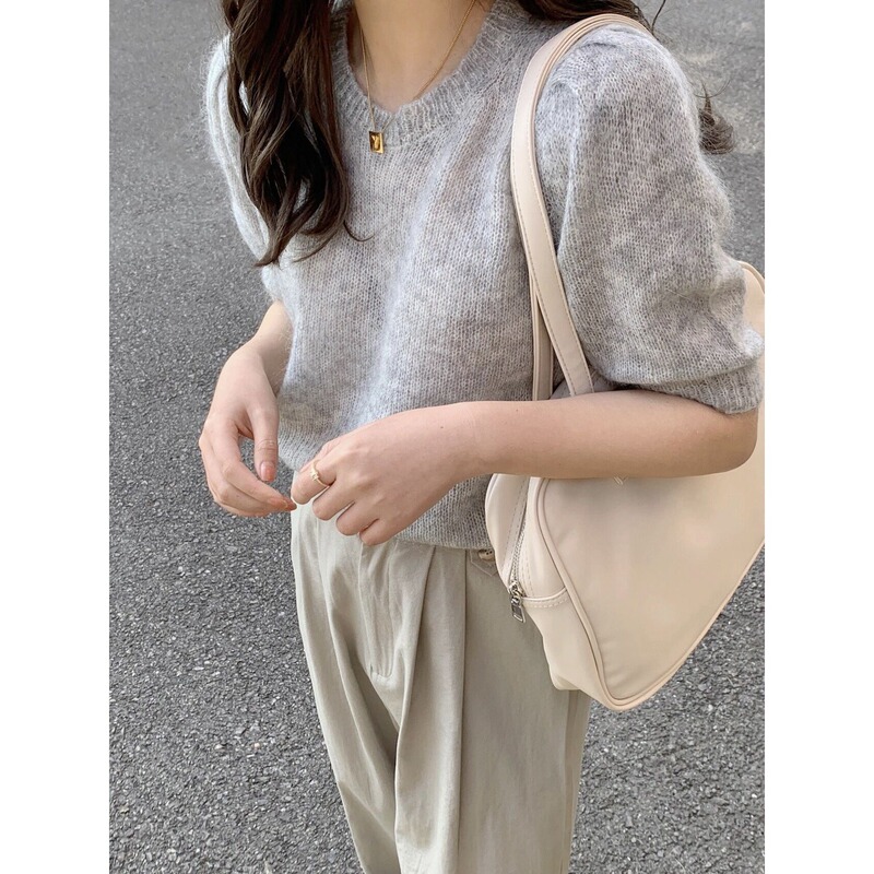 Gray mohair knitted short sleeve women's spring loose slimming round neck puff sleeve half sleeve T-shirt French short top