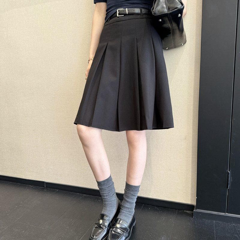 实拍美式复古学院风皮带西装半身裙女2025新款夏休闲小个子百褶裙|undefined
