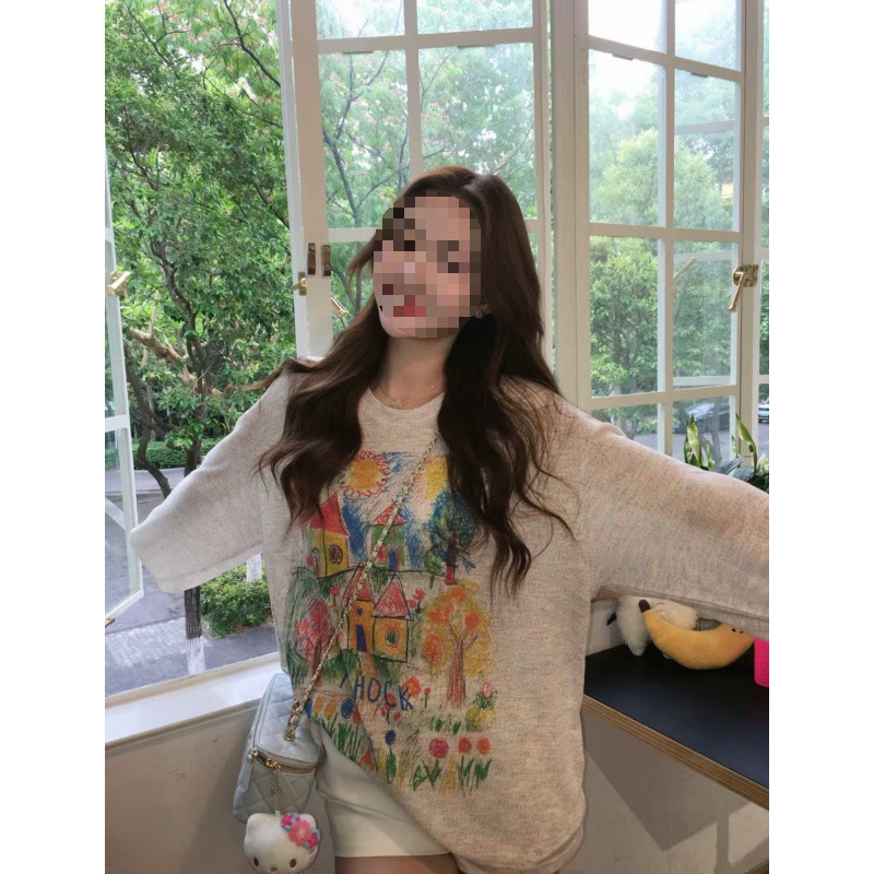 In-Stock High Version Ac Sweet Graffiti Round Neck Long-Sleeve T-Shirt Versatile New Top Age-Reducing Fashion Simple