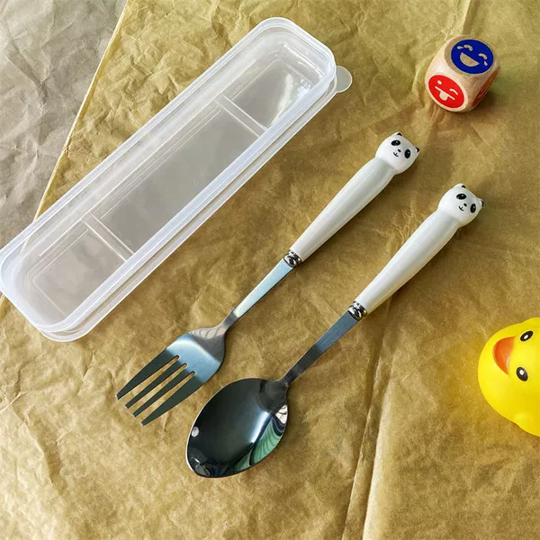 Transparent box+panda pointed spoon fork