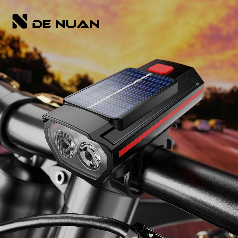 Bicycle Light with High Decibel Horn, High Beam and Low Beam, Solar Charging Plastic Outdoor Cycling Double Light Horn