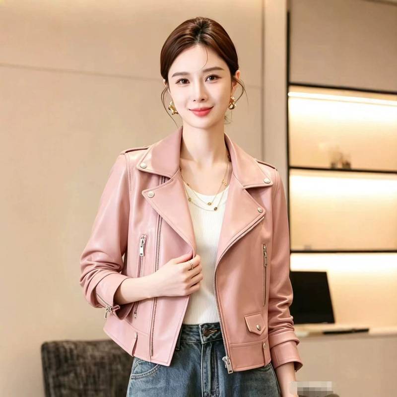 2026 Women's Spring Slim Fit Leather Jacket, Ice Ice Style Short Turn-Down Collar Biker Leather Jacket Wholesale 2026 Women's Spring Slim Fit Leather Jacket, Ice Ice Style Short Turn-Down Collar Biker Leather Jacket Wholesale