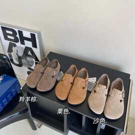 复古圆头勃肯鞋女款真牛皮百搭休闲鞋低帮平底单鞋乐福鞋桑坡博肯
