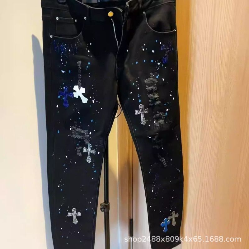 American-Style Rhinestone Cross Luxury Jeans with Heavy Embroidery, Leather Patches, Distressed Design, Slim Fit, Loose Casual Long Pants, Trendy Brand American-Style Rhinestone Cross Luxury Jeans with Heavy Embroidery, Leather Patches, Distressed Design, Slim Fit, Loose Casual Long Pants, Trendy Brand