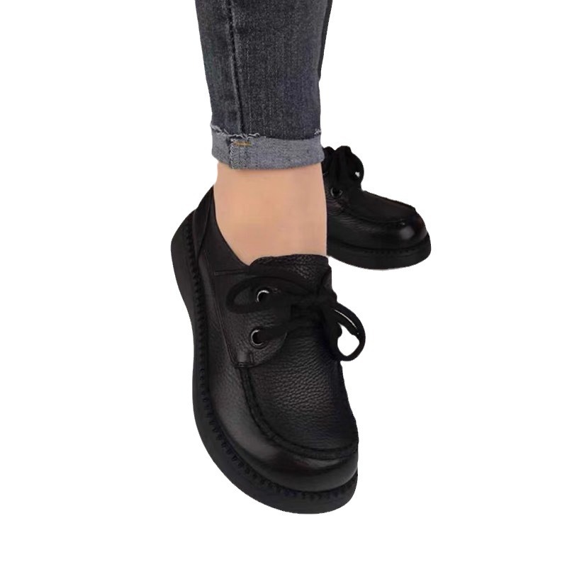 Zapatos de mujer de cuero cosidos a mano en otoño, zapatos retro de suela suave de una sola capa de cuero de vaca, zapatos de cuero casuales variados
