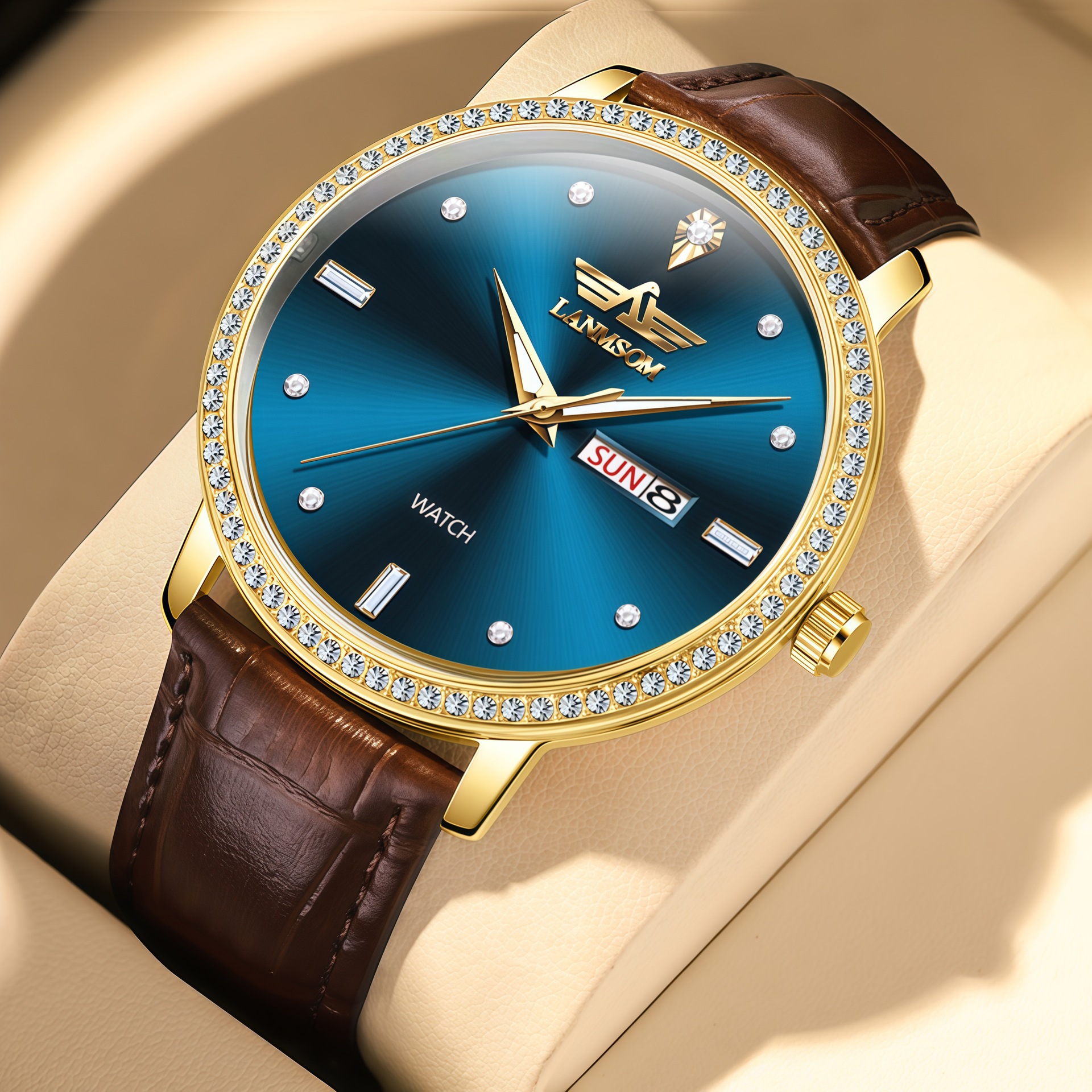 Lanmsom/Langsu Watch Men's Genuine Leather Watch High-Looking Waterproof Diamond-Encrusted Elegant Business Dual Calendar Fashionable Men