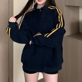 加绒加厚美式潮牌三条杠织带外套运动风女式立领宽松拉链开衫卫衣