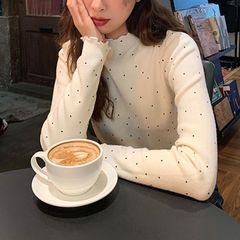 【270克德绒】木耳边半高领修身打底衫女波点印花T恤上衣黑色