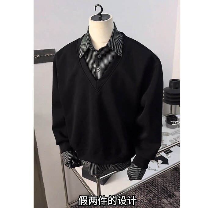 miu系假两件Polo衫卫衣男款春秋撞色条纹拼接长袖t恤cleanfit衬衣|undefined
