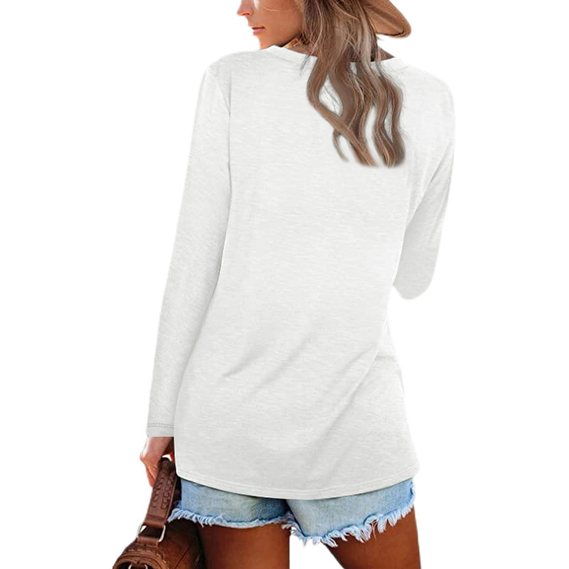 Women's T-shirt V-neck Loose Long Sleeved Solid Colour Top_voghion.com