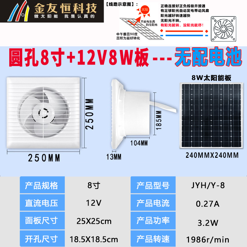 브러시리스 - 흰색 원형 8인치 12V 팬 + 8W 태양광 패널