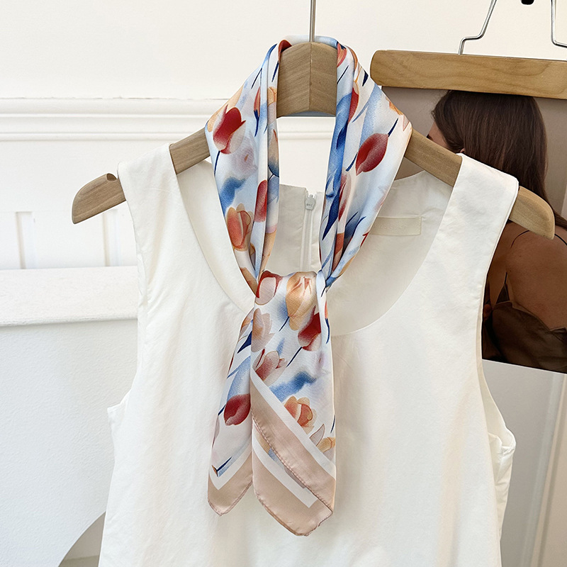 Bufanda de seda, bufanda cuadrada pequeña, nueva atmósfera coreana, pañuelo floral, cinturón para el cabello, bufanda decorativa, chal pequeño exterior