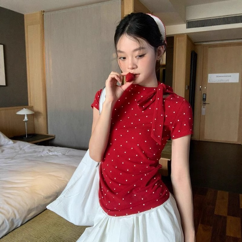 [260g 레이온 모달] 폴카 도트 반팔 티셔츠 여성 여름 신작 슬림핏 보우 타이 탑 트렌디