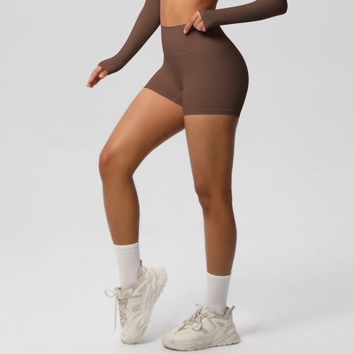 Spot cross-border solid color double-sided hair high waist tight hip lifting yoga shorts running fitness exercise three-quarter pants for women