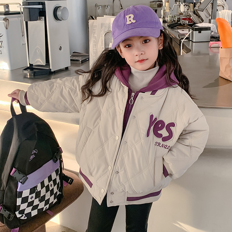 Winter children's girls' thick cotton-padded short jacket with quilted lining, faux two-piece design, hooded, diamond pattern, warm cotton-padded coat.
