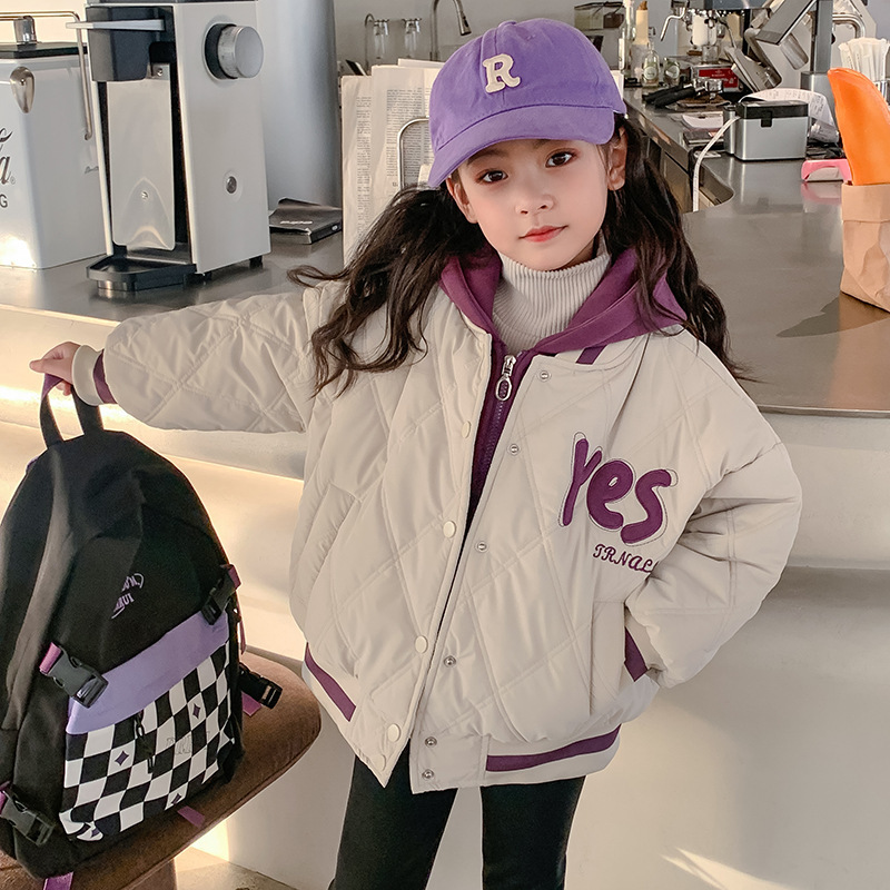 Winter Children's girls' thickened cotton-padded jacket short quilted jacket fake two-piece hooded diamond-shaped Plaid warm cotton-padded jacket