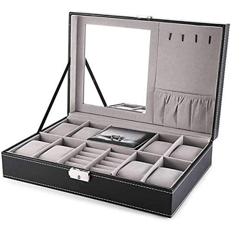 Factory direct PU leather 8+2 watch jewelry box with mirror without window multi-function ring jewelry storage box