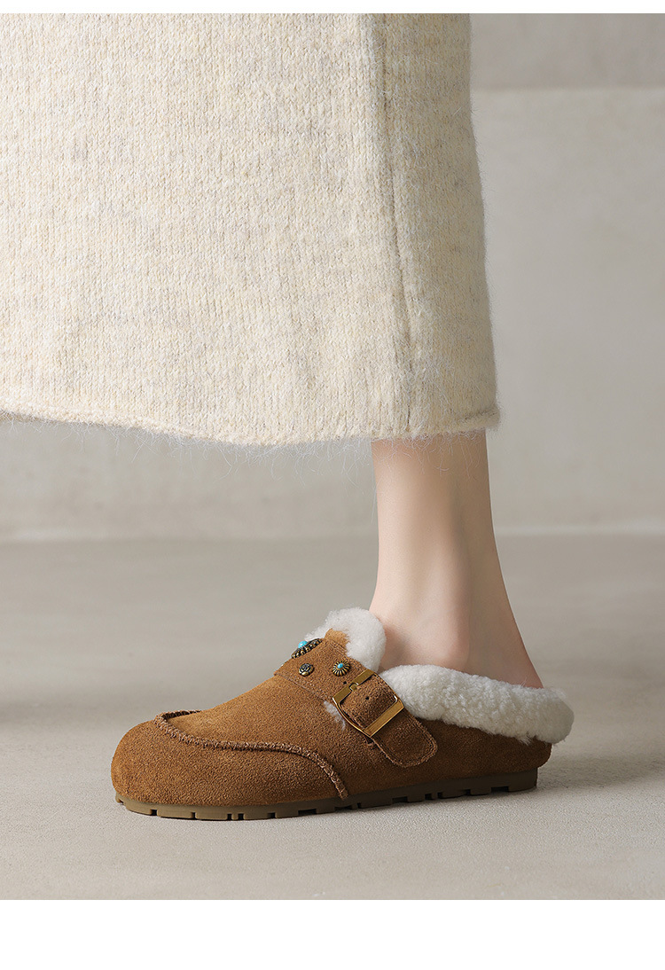 Dép mule nữ lông cừu đế xốp Birkenstock phong cách đinh tán, mũi kín, lót nâng nhẹ — hổ phách chi tiết 23