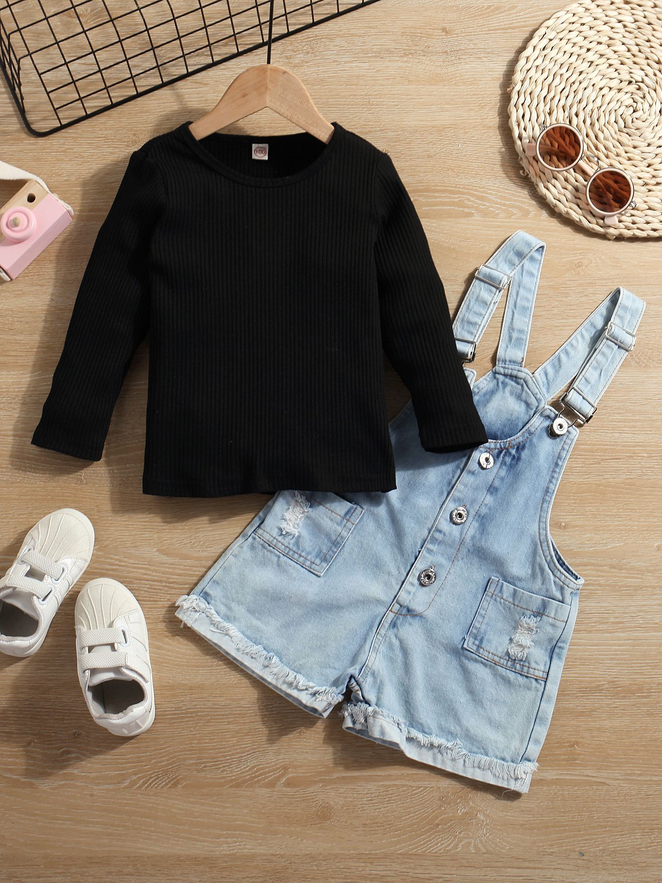 Mädchen Bekleidungsset Langarmpullover Und Jeans Latzhose Shorts_voghion.com