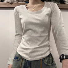 灰色U领正肩长袖T恤女秋棉质加薄绒内搭低领磨毛打底小衫上衣